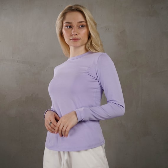 Lilac Long Sleeve T-shirt, Women Cotton Tee, Light Purple Crew