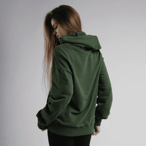 Dark green women hoodie, oversized hooded sweatshirt image 5