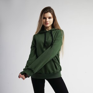 Dark green women hoodie, oversized hooded sweatshirt image 2