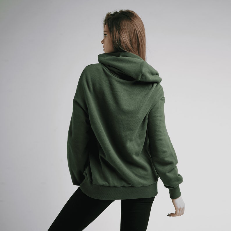 Dark green women hoodie, oversized hooded sweatshirt image 8