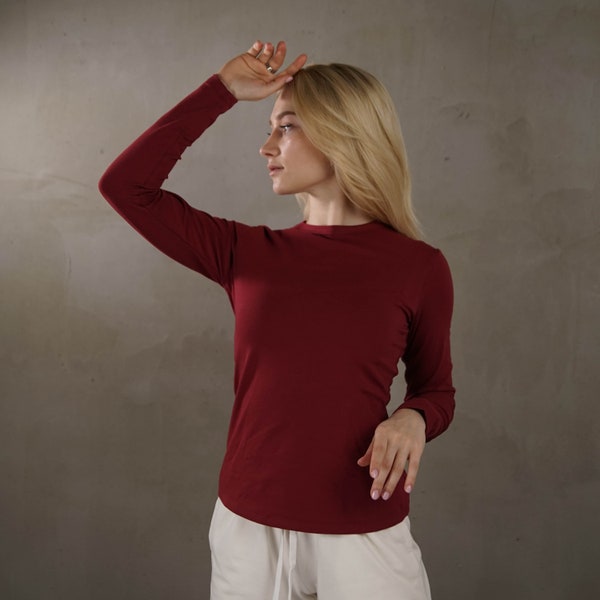 Dark red long sleeve shirt, cotton summer tee, red t-shirt for women, Ukrainian Brand
