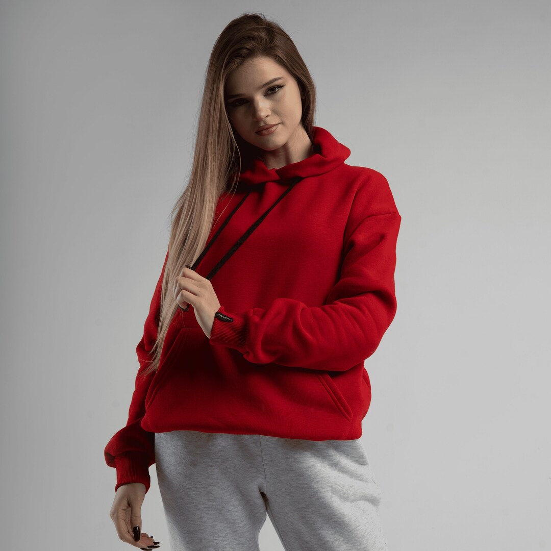 Woman Cotton Hoodie, Red Oversized Sweater, Cozy Hoodie, Sweatshirts