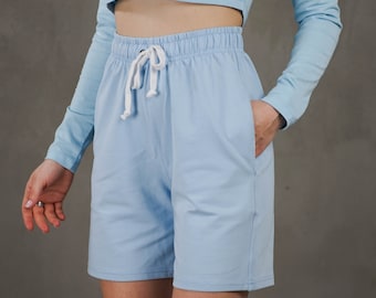 Light blue women shorts, cotton summer shorts, sky blue ladies shorts