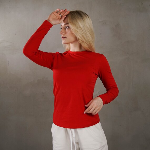 Camiseta roja de manga larga, camiseta de algodón para mujer