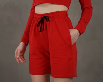 Red women shorts, cotton board shorts, ladies casual shorts