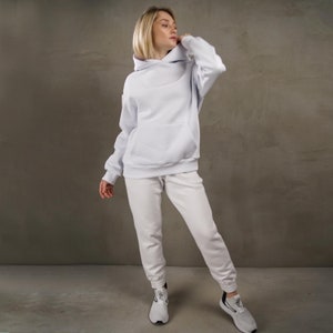 White woman oversized hoodie, ladies hoodie, winter autumn hoodie, white hooded sweatshirt image 2