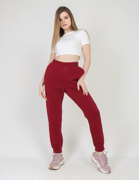 Joggers de mujer rojo oscuro, pantalones jogger con puño