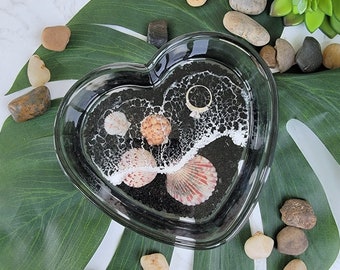 Corazón cristal resina epoxi baratija plato anillo titular joyería anillo plato con rocas reales playa decoración regalo Idea única vida en el océano