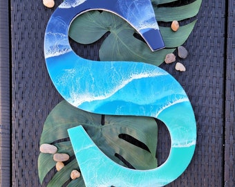 Large Wooden Ocean Resin Letter S Wall Hanging Beach Decor Starfish Waves Gift Idea Home Decor Turquoise Waters Wall Art Tropical Living