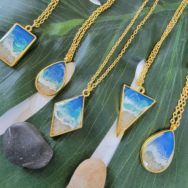 Ocean Resin Beach Waves Necklace Real Sand Tropical Jewelry Unique Gift Idea Ocean Necklace Pendant