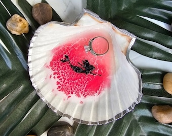 Plato de anillo de concha de resina epoxi de océano grande, soporte de anillo de sirena con borde dorado, plato de baratija, ondas, amante de la playa, decoración del hogar, regalos superiores festoneados