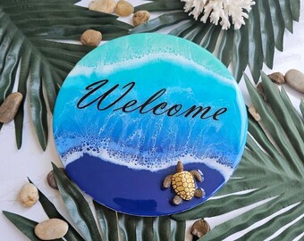 Epoxy Resin Welcome Sign Waves Beach Wall Hanging Wooden Circle Ocean Decor Coastal Living Gift Idea
