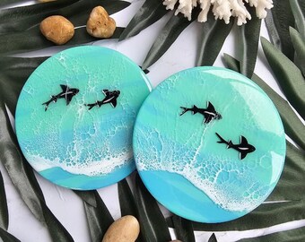 Ocean Wave Coaster Set Of Two Ceramic Epoxy Glow In The Dark Waters Beach Lover Tropical Unique Home Decor Gift Idea Beach Island Coastal