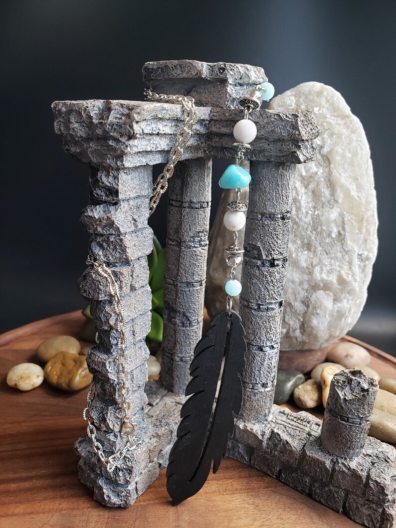 Chakra Healing Bohemian Handmade Long Statement Aqua Terra Jasper Stone Natural Howlite Large Wooden Pendant On Silver Plated Flat Chain