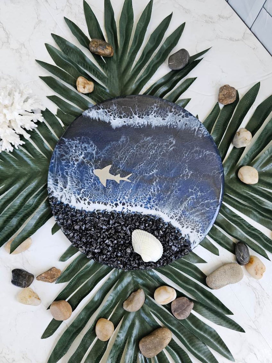 Epoxy Shell Designs Epoxy Resin Ocean Shark Waves Beach Wall Hanging Wood Ocean Decor ...