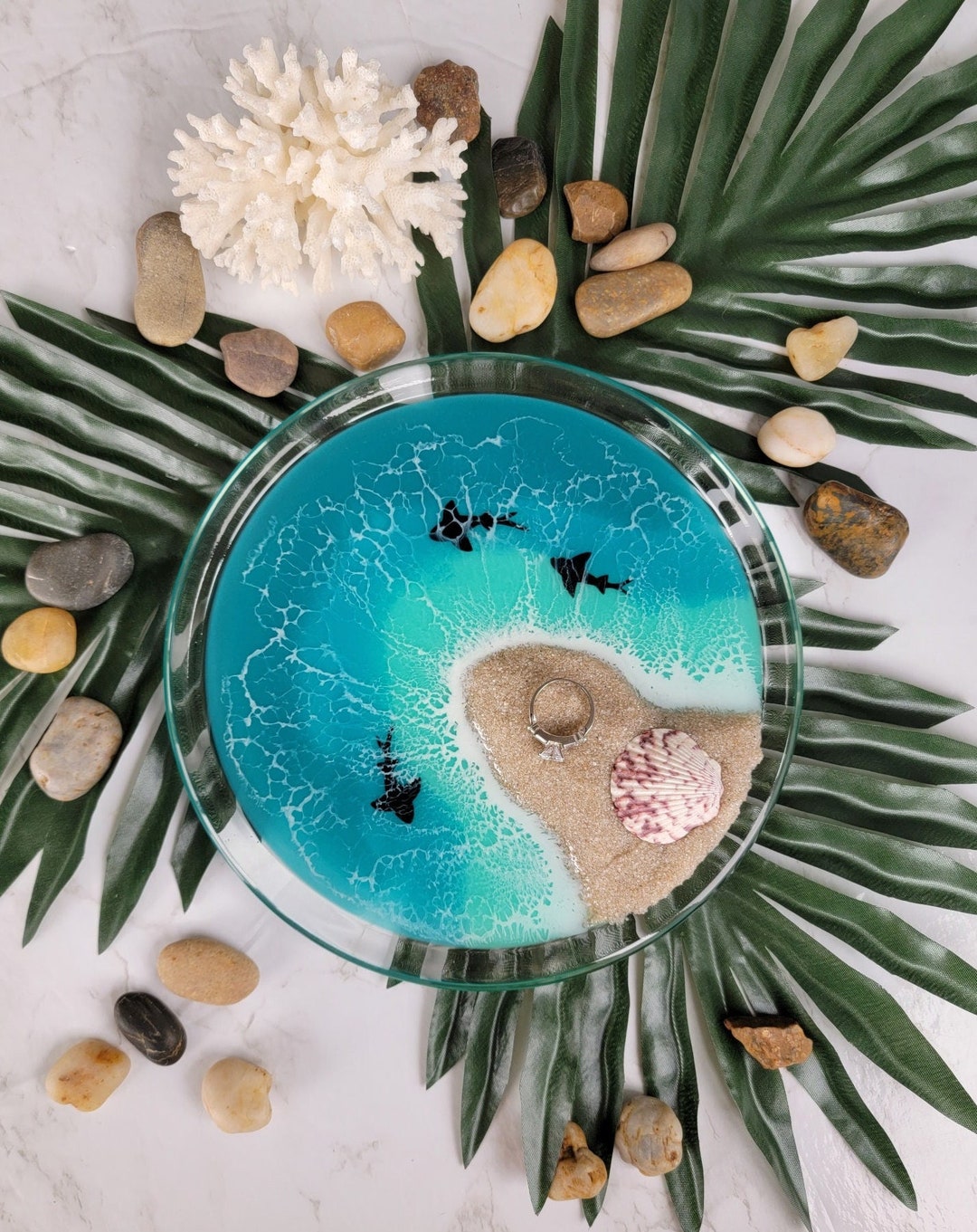 Glass Epoxy Resin Waves 8 Ocean Island Trinket Jewelry Dish With Real