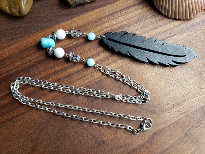 Chakra Healing Bohemian Handmade Long Statement Aqua Terra Jasper Stone Natural Howlite Large Wooden Pendant On Silver Plated Flat Chain