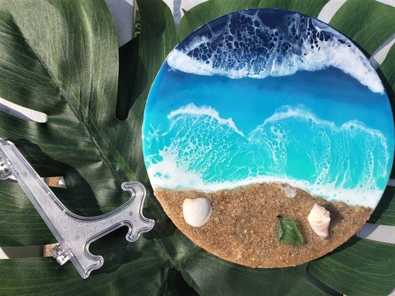 Epoxy Resin Wall Art Ocean Beach Tabletop Decor Pink/blue Wooden