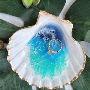 Large Ocean Resin Scallop Shell Ring Dish Trinket Dish Turquoise or ...