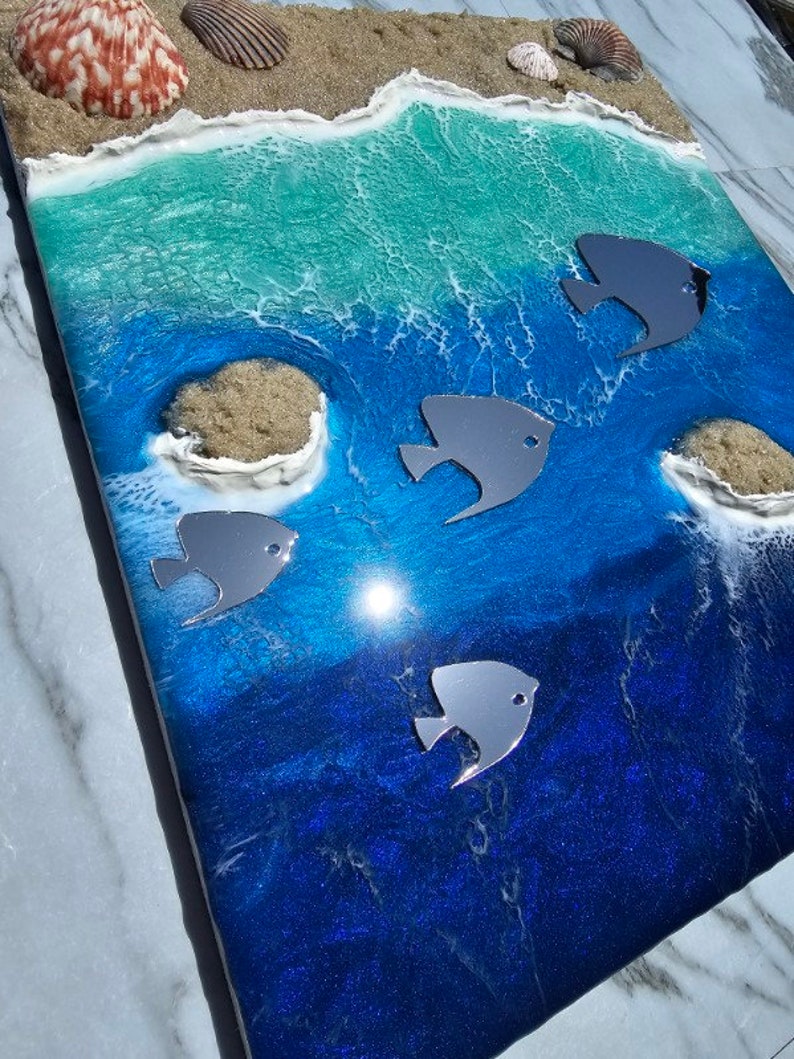 May include: A rectangular resin art piece depicting a beach scene. The artwork features a sandy shore, turquoise waves, and deep blue ocean with silver fish accents. Seashells are embedded in the sand.