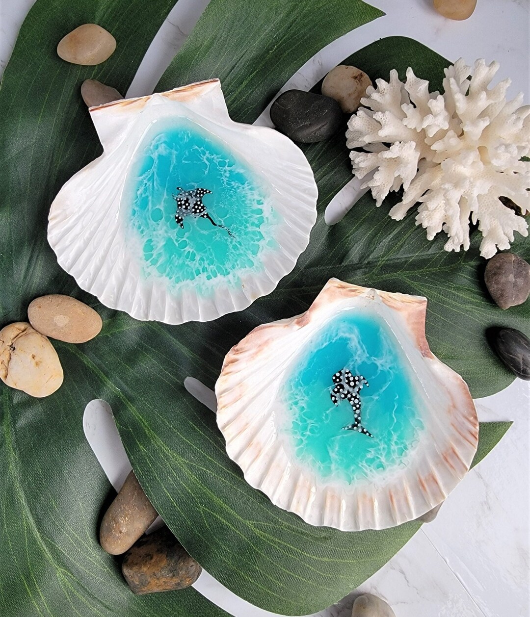 Large Ocean Resin Shell Ring Dish Hand Drawn Manta Ray Whale Shark ...