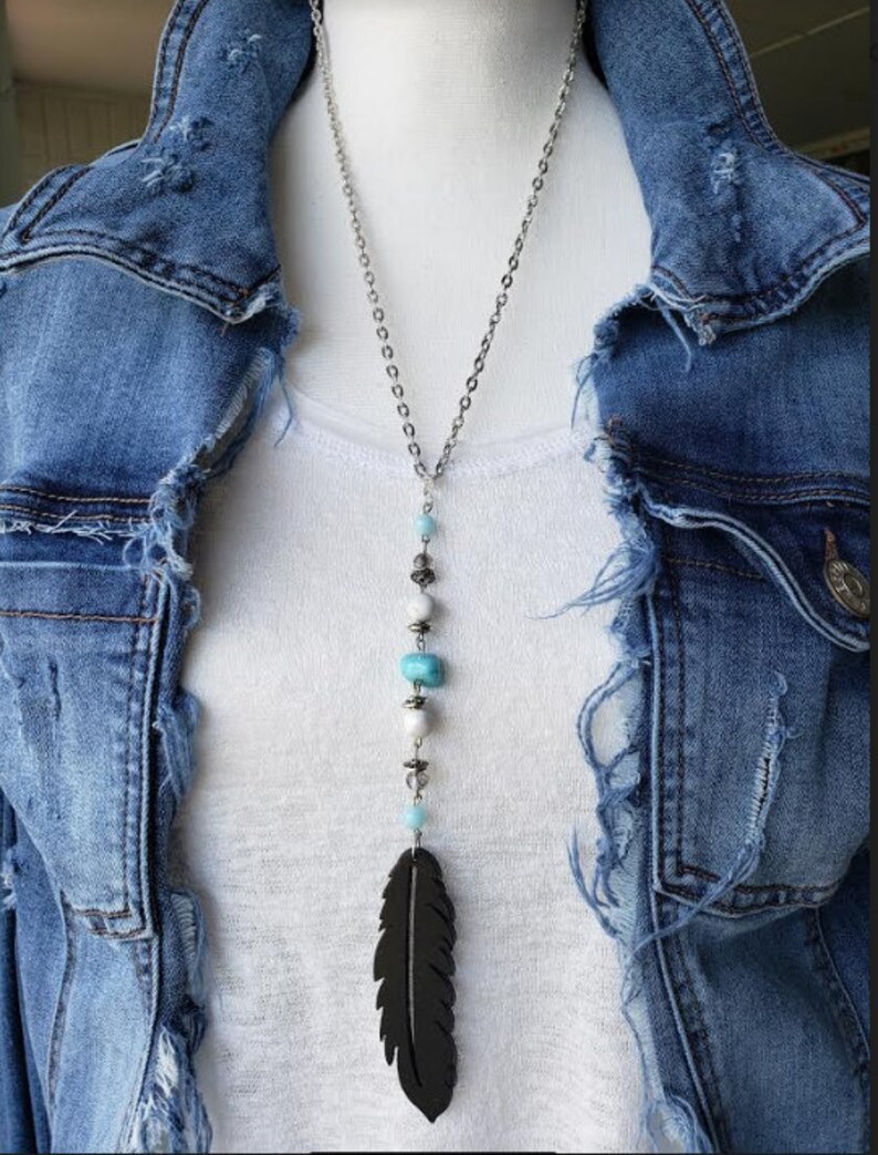 Chakra Healing Bohemian Handmade Long Statement Aqua Terra Jasper Stone Natural Howlite Large Wooden Pendant On Silver Plated Flat Chain