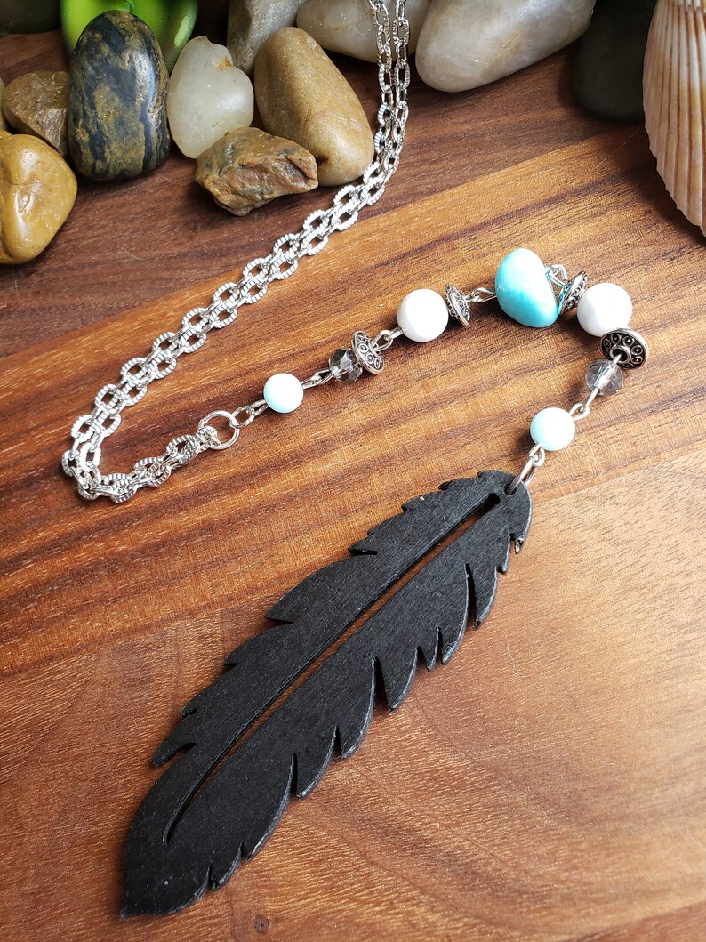 Chakra Healing Bohemian Handmade Long Statement Aqua Terra Jasper Stone Natural Howlite Large Wooden Pendant On Silver Plated Flat Chain