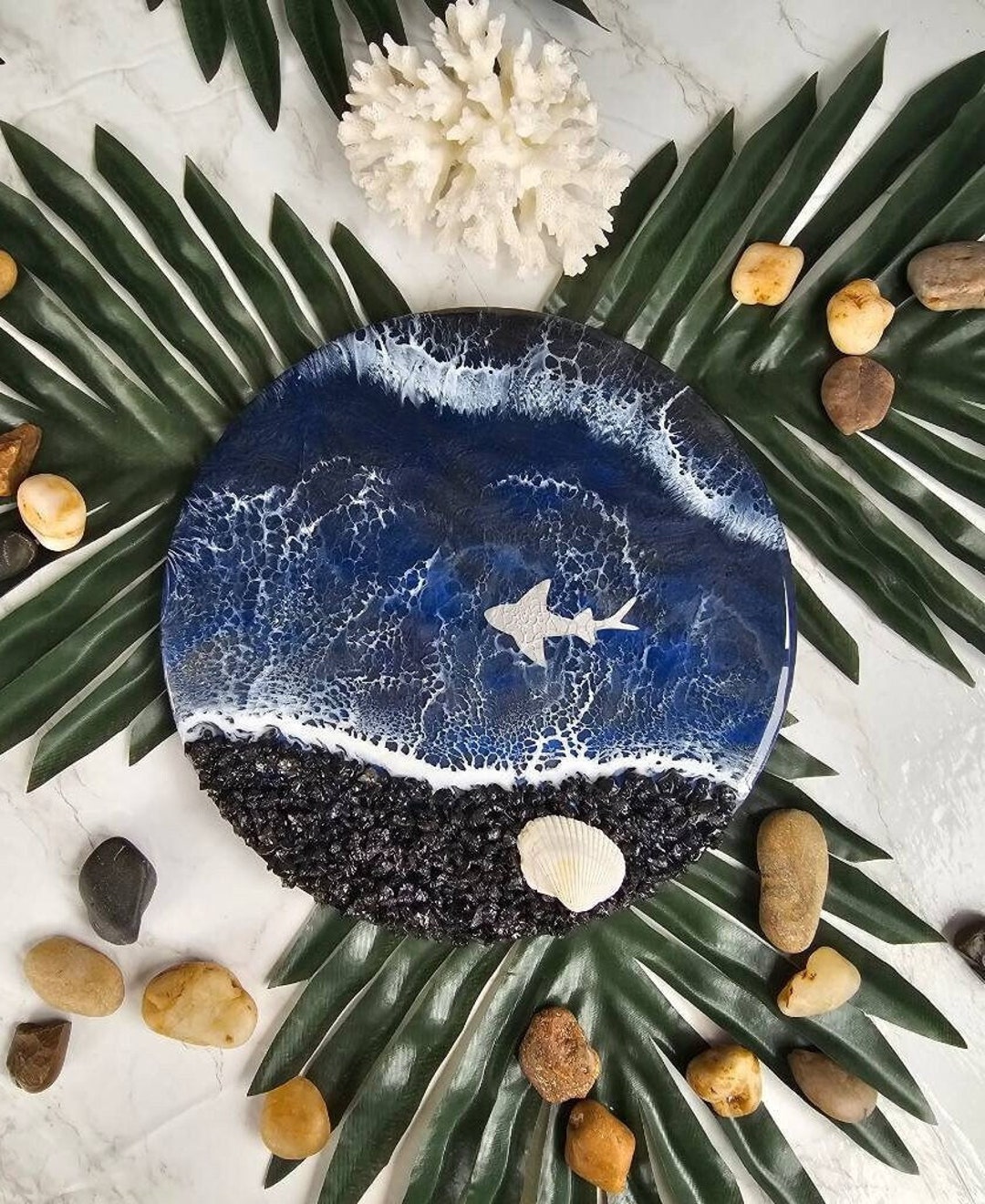 Epoxy Shell Designs Epoxy Resin Ocean Shark Waves Beach Wall Hanging Wood Ocean Decor ...