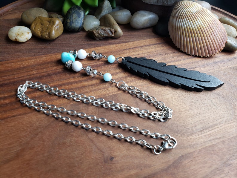 Chakra Healing Bohemian Handmade Long Statement Aqua Terra Jasper Stone Natural Howlite Large Wooden Pendant On Silver Plated Flat Chain