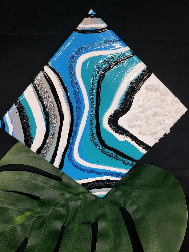 Acrylic Pour Geode Painting Blue Glitter White Rocks Handmade Etsy