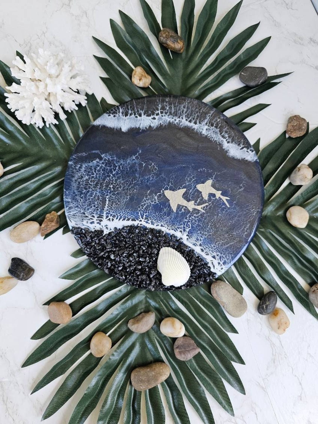 Epoxy Shell Designs Epoxy Resin Ocean Shark Waves Beach Wall Hanging Wood Ocean Decor ...