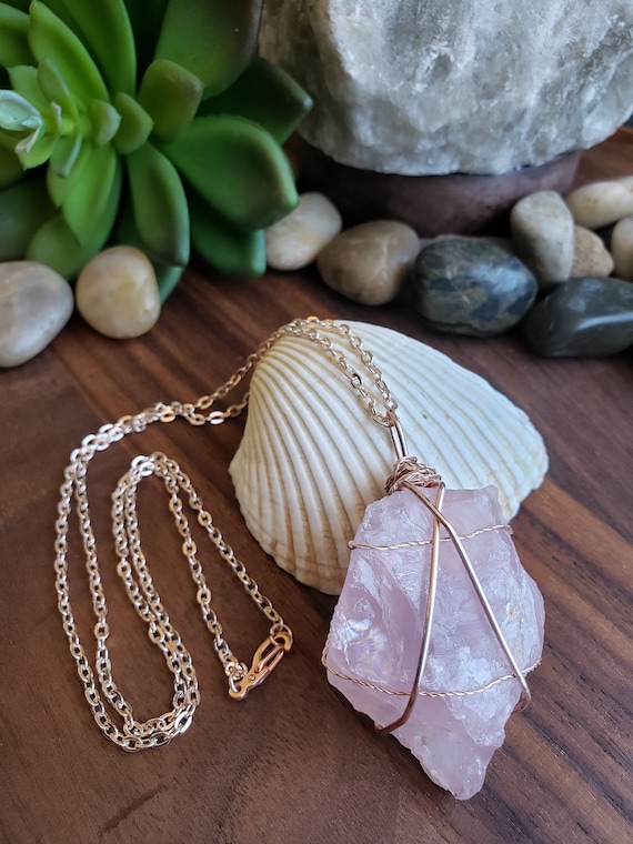 Gorgeous Large Raw Crystal Rose Quartz Rose Gold Wire Wrapped Stone On Rose Gold Plated Flat Cable Chain