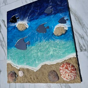 May include: Ocean-themed artwork featuring a beach scene with blue and turquoise water, sand, and seashells. Gray fish swim above the waves. The artwork includes a textured sand and shell border.
