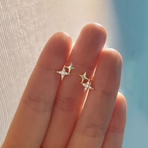 Dainty Gold Star Stud Earrings, Minimalist Sterling Silver CZ