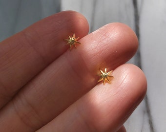 18k gold Star Studs Earrings, Sterling silver North star Tragus earrings, tiny Sunburst earring, Celestial Earrings for mom-Mothers day gift