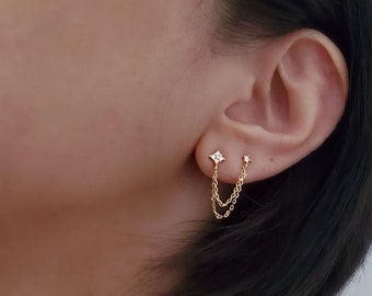 925 Sterling Silver Double Chain Piercing Stud Earrings CZ Cubic Zirconia Gold Long dainty Bestseller studs-Mothers day gift,Bridesmaid gift