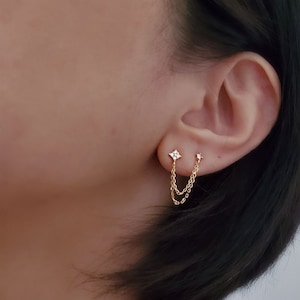 925 Sterling Silver Double Chain Piercing Stud Earrings CZ Cubic Zirconia Gold Long dainty Bestseller studs-Mothers day gift,Bridesmaid gift