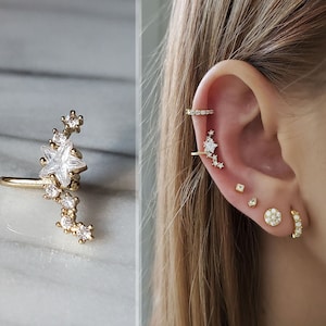 18k Gold Star Ear Cuff No Piercing, Sterling silver star cluster earring, Dainty cartilage ear cuff- unique star ear wrap- Mothers day gift