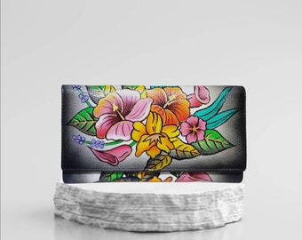 NR DESIGN Womens Wallet, Hand Painted Women's Leather wallet, Black woman wallet,hand Painted flower, women leather wallet, Gift for him