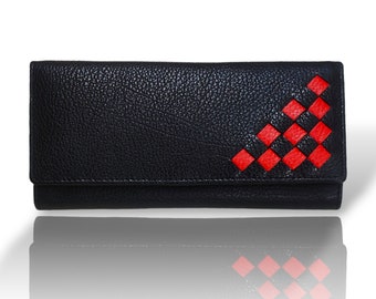 Women's Leather Clutch,  Women Black Red wallet, Women Purse,  Leather Long wallet, Designer Women wallet, Gift for Wife