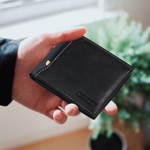 Cartera de cuero para hombre, billetera plegable con bloqueo RFID, billetera de cuero negro, billetera para hombres de diseñador, billetera de 2 identificaciones, billetera de bolsillo para monedas, regalo para ella