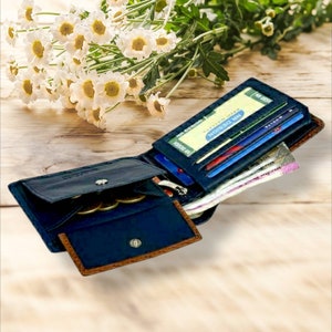 Cartera de hombre personalizada, cartera de cuero de hombre azul, cartera de diseñador, cartera de bolsillo de monedas, cartera RFID, cartera de hombre bifold, regalo para hombres