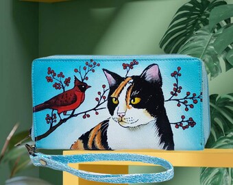 NR DESIGN- Hand Painted Cat,  Hand Painted Women's Leather Clutch, Women's Leather Zip Around Wallet, Women's Clutch,  Hand Painted pet,