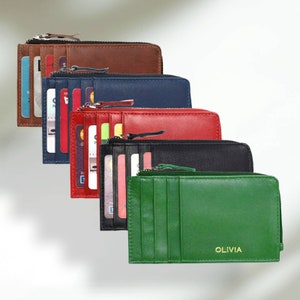 Personalized Card Holder, Green Leather Card Holder, Women's Green Card Holder with Zipper,  Business Card Case, Gift for Women