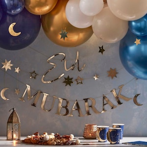 Gold Moon & Stars Eid Mubarak Bunting, Eid Decorations, Eid Home Decor, Eid Party Banners,