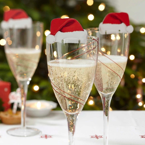 10 décorations de chapeau de père Noël en verre, décorations pour boissons de Noël, vaisselle de Noël, dîner de Noël