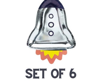 Conjunto de 6 pratos para festa espacial, ideal para festas de aniversário com tema espacial.