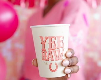 Pink Yeehaw Cow Girl Party Paper Cups - paquete de 8, Decoraciones de mesa de despedida de soltera, Último rodeo, Vamos chicas, Fiesta de vaquera disco de cumpleaños