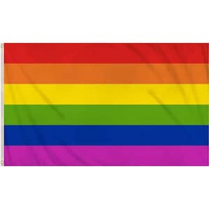 May include: A rectangular flag featuring six horizontal stripes in a rainbow color sequence. The colors from top to bottom are red, orange, yellow, green, blue, and purple. The flag includes two metal grommets on the left side for mounting purposes.