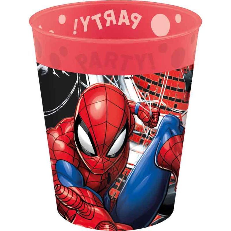 May include: Red plastic party cup featuring Spider-Man. The cup has a red rim with the word "PARTY" and the word "PARTY" printed in white. The main image is a colorful illustration of Spider-Man in action.
